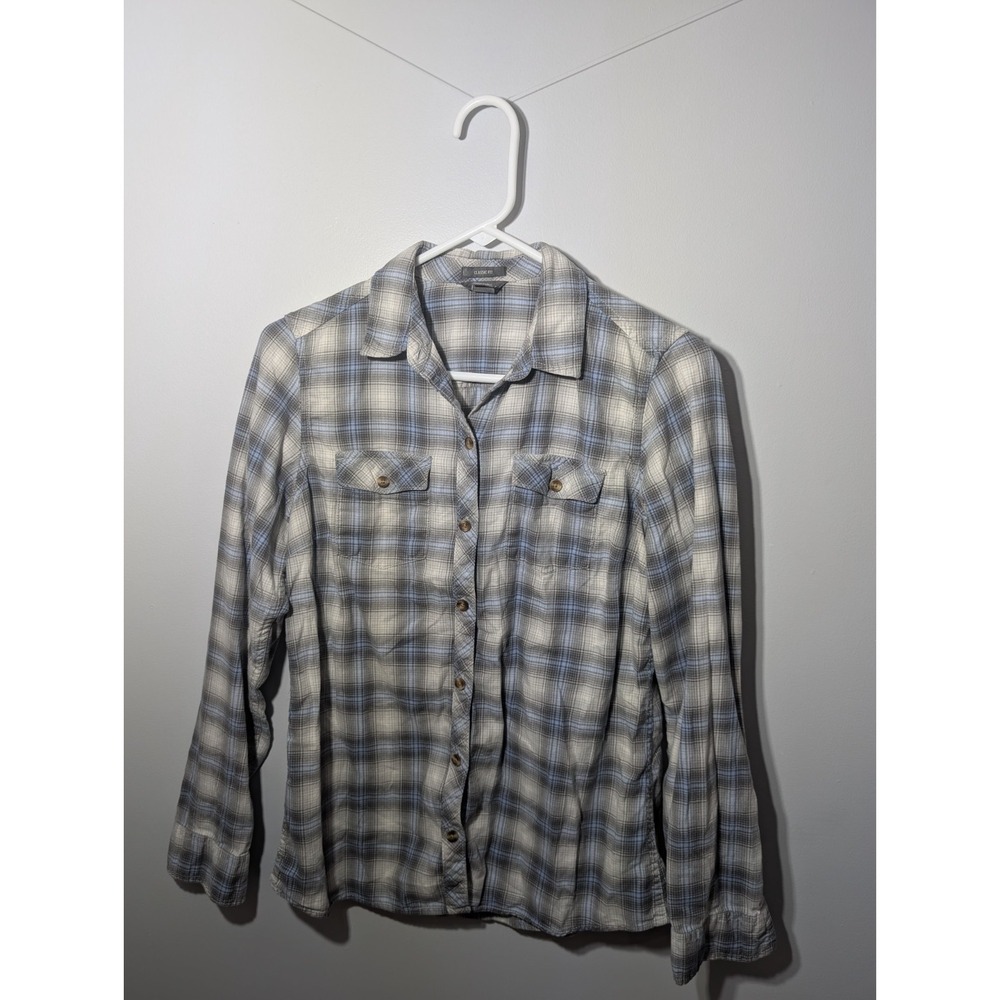 Z1 Eddie Bauer women's cowgirl plaid button up SZ  S longsleeve black white gray